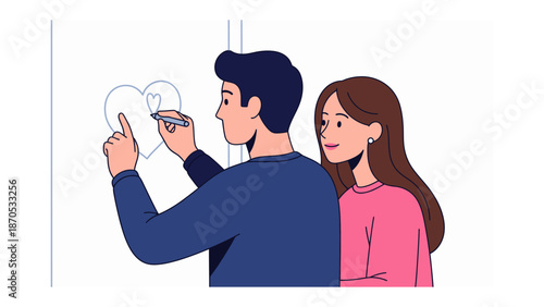 Heartfelt Creation: A tender moment captured as a couple collaboratively sketches a heart, symbolizing their bond, love, and shared dreams. 