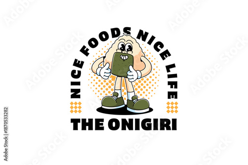 Onigiri rice ball japanese with triangle shape food retro cartoon character illustration with standing and thumb up hand pose for restaurant, culinary, eatery mascots and merchandise