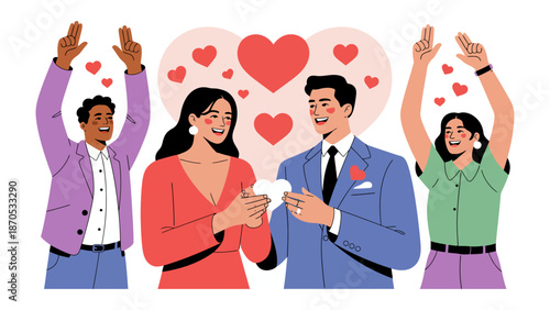 Love and Unity: Capturing the sweet moment of a couple's happiness surrounded by friends and family in the air with hearts