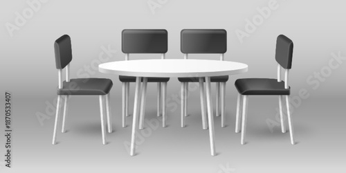 3D table and chairs mockup isolated on background. Vector realistic illustration of simple furniture for exhibition booth, office conference room, home kitchen or dining area, interior design elements