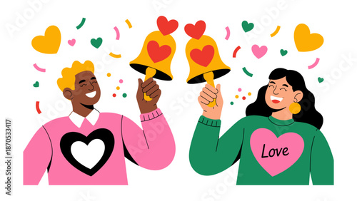 Love Bells: A charming illustration featuring a couple happily ringing love bells amidst a shower of hearts and confetti. Capturing the spirit of romance, joy, and celebration.
