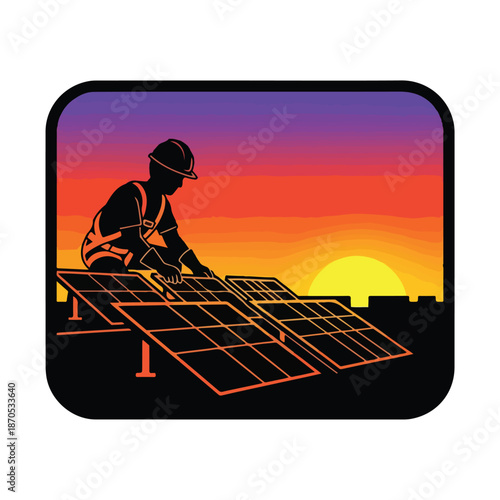 A worker installs solar panels at sunset