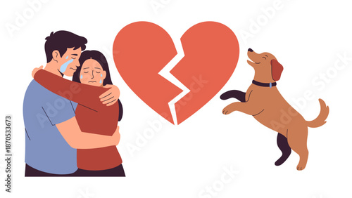Broken Heart's Resolve: A poignant scene unfolds as a couple embraces in sorrow beside a shattered heart, a playful dog leaps in a gesture of solace and unwavering love. 