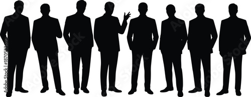 Business men silhouettes standing together in a row, corporate professionals teamwork concept, leadership and collaboration isolated on white