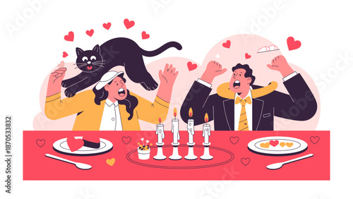 Romantic Dinner Illustration: A captivating illustration of a romantic dinner scene, capturing a couple's intimate moments with a touch of whimsy.