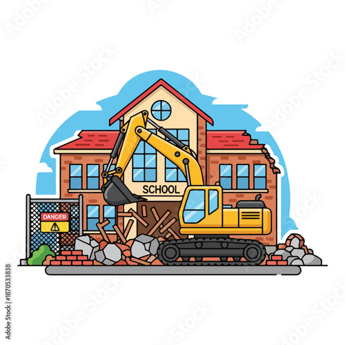 A yellow excavator demolishes a school