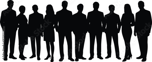 Business people silhouette group standing together, men and women professional team figures, corporate workforce concept, black human shadows, isolated white background