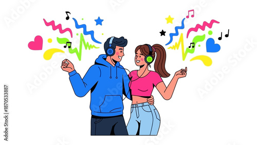 Harmony of Melody: A lively couple, immersed in music and joy, dances to an unseen rhythm, with musical notes and colorful designs swirling around them.
