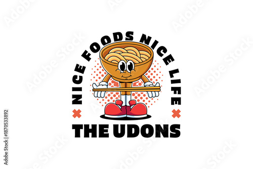 Udon strand, Ramen bowl, Soba noodle retro cartoon character illustration with standing and holding chopstick for restaurant, culinary, eatery mascots and merchandise