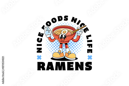 Ramen bowl with noodle, dumpling and egg retro cartoon character illustration with standing and holding chopstick for restaurant, culinary, eatery mascots and merchandise. Udon and Soba mascot vector