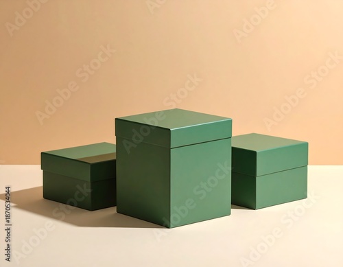Three green boxes on a beige surface, minimalist composition.