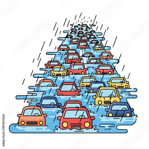 Cartoon illustration of cars driving in heavy rain