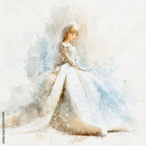 Bride in white wedding dress with delicate veil in soft watercolor style with pastel colors on textured paper for wedding invitation