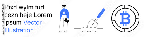 Blockchain technology, cryptocurrency mining, digital currency, finance analytics, fintech, investments. Bitcoin symbol and person with a clipboard. Blockchain and cryptocurrency mining concepts