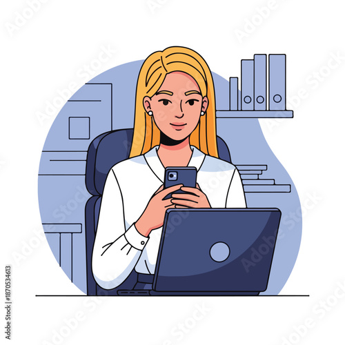 A woman works on laptop while using smartphone