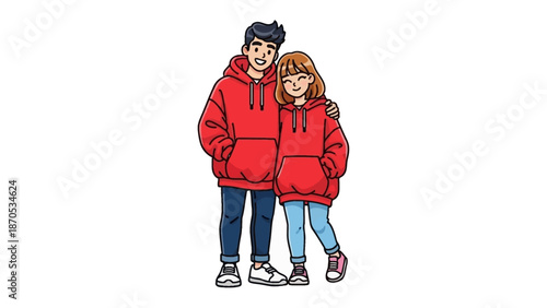 Cozy Couple: A pair of young individuals, dressed in matching red hoodies, stands side-by-side, radiating warmth and affection, while embracing the beauty of their togetherness.