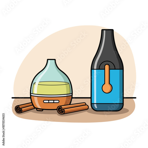 An image of a humidifier with cinnamon sticks and a bottle