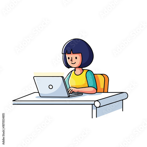 A woman works on laptop