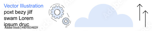 Cloud computing, technology infrastructure, progress, innovation, automation, development. Gears next to a cloud with upward arrows. Cloud computing and technology infrastructure concept