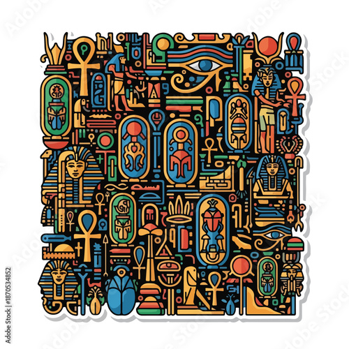 Ancient Egyptian symbols and pharaohs in colorful mosaic