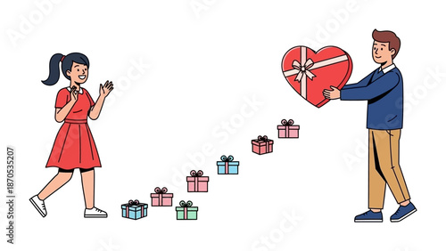 Gift of Affection: A gesture of love, as a man presents a heart-shaped gift to a woman, symbolizing the blossoming of romance. Enchanting scene where affection blossoms.