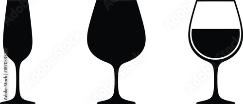 Set of filled and half filled elegant Champagne Flute Silhouette with Sparkling Beverage.