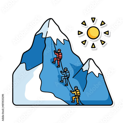 Climbers ascend icy mountain peaks under sunny sky