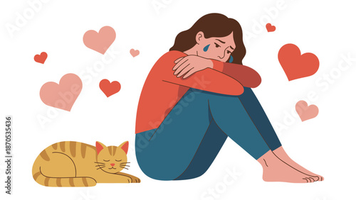 Melancholy & Companionship: A woman, her form embracing her knees, sheds a tear of sadness, while a feline companion offers comfort amid a floating heart, evoking a sense of empathy and solace.