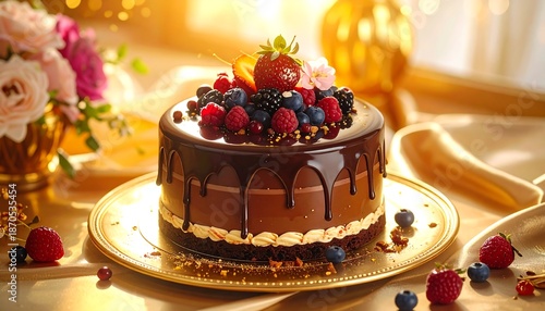 Delicious Chocolate Cake with Fresh Berries and Elegant Decoration.