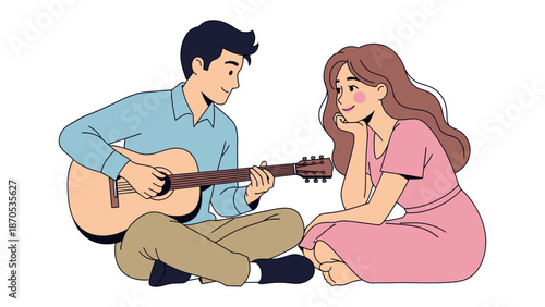 Serenade of Affection: A young man serenades his beloved with a heartfelt melody, strumming the strings of an acoustic guitar as they share an intimate moment of love and connection.