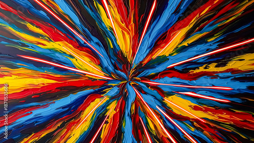 Dynamic abstract painting featuring colorful brushstrokes exploding from a central point