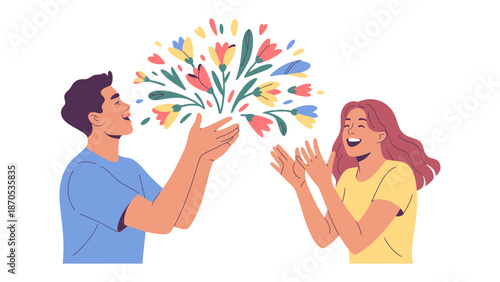 Floral Expression of Delight: In a moment of pure joy, a man shares vibrant floral expression with a woman, their faces radiating smiles, expressing love and togetherness.