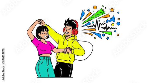 Dancing with Joy: Two figures, bathed in a joyful glow, move in a synchronized dance, sharing laughter, friendship, and the vibrant rhythms of music. 