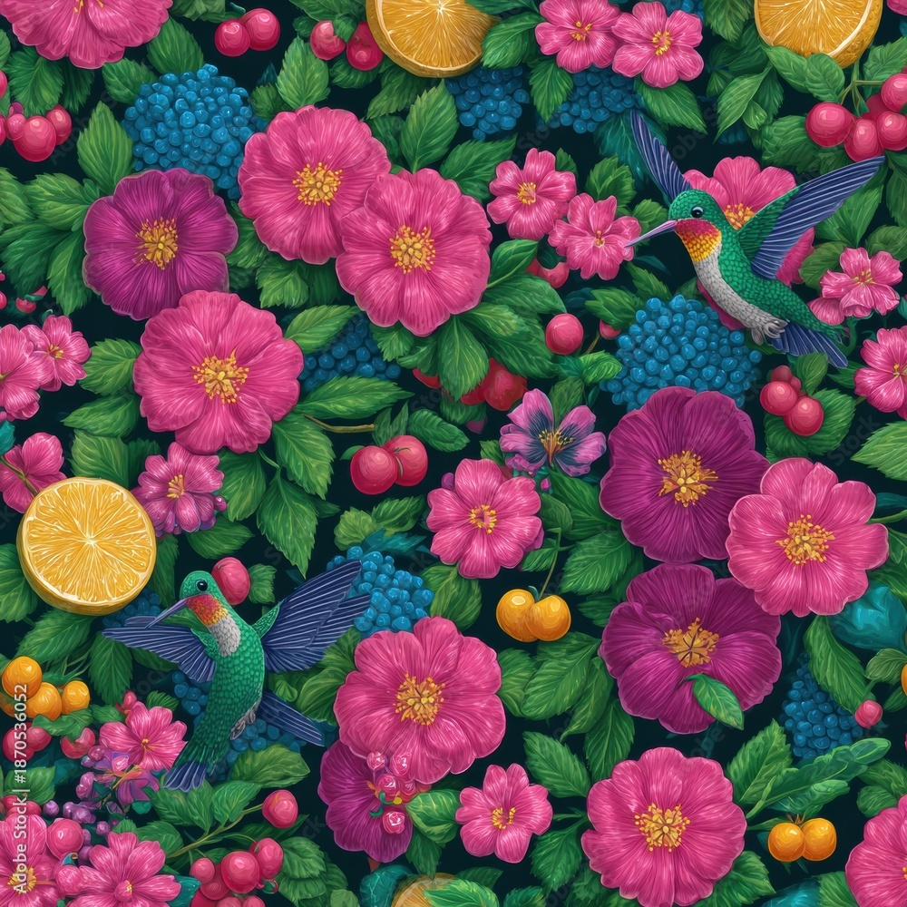 Fototapeta premium Colorful Hummingbird Flower Pattern With Tiny Birds Near Blooms in Vibrant Shades for Childrens Room Decor and Pajamas Design