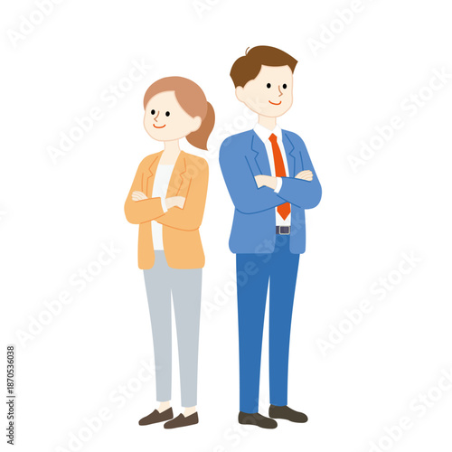 信頼関係とチームワークを表現した腕組みで背中あわせに立つ男女のビジネスイラスト