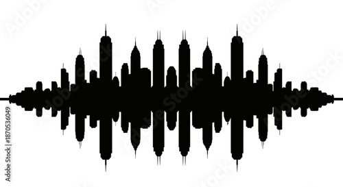 Sound wave with city skyline silhouette in black