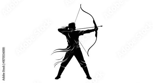 Focused archer in dynamic stance aiming bow and arrow with precision