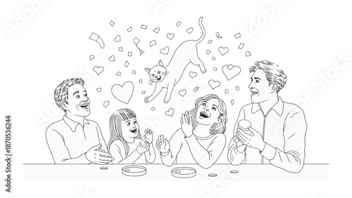 Joyful Family Moment with Cat: A loving family is watching their cat, the moment is filled with love hearts, the parents, children and even the cat appears to be joyful. A moment of togetherness.