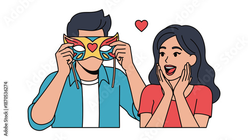 Love's Revelation: A charming illustration shows a man playfully revealing a vibrant mask to a woman, symbolizing hidden affections.