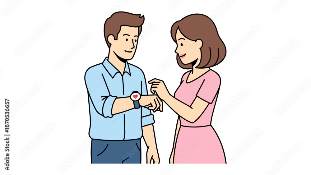 Fototapeta premium Love and Heart Rate: A couple shares an intimate moment, as the lady checks the gentleman's smartwatch, a heart symbol showing their connection, with the heart symbol telling the story.