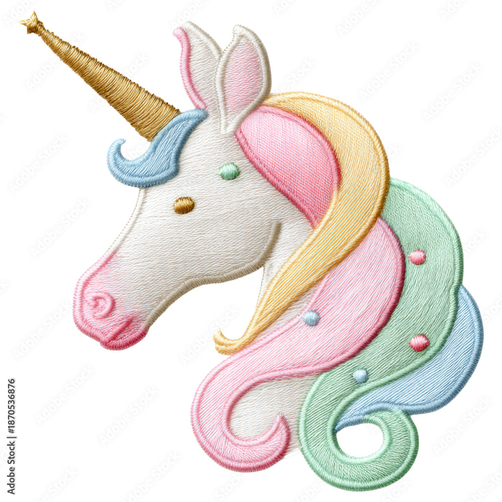 Obraz premium Embroidery patch unicorn pastel mane gold horn whimsical face playful