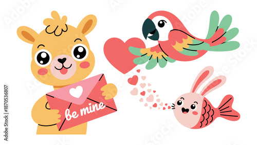 Sweetheart's Valentine's Day: An adorable llama and friends express their feelings of affection with a heart-shaped embrace, ideal for spreading warmth.
