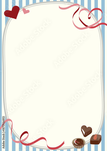 ひとくちチョコレートとリボンの水色ストライプの縦型フレーム