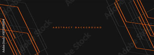 Black abstract wide horizontal banner with orange and gray lines and angles. Dark modern sporty bright futuristic horizontal abstract background. Vector illustration.