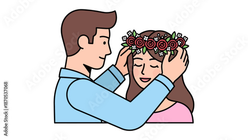 Crowning Romance: A tender moment unfolds as a man gently places a delicate flower crown upon a woman's head, celebrating the blossoming of their love. 