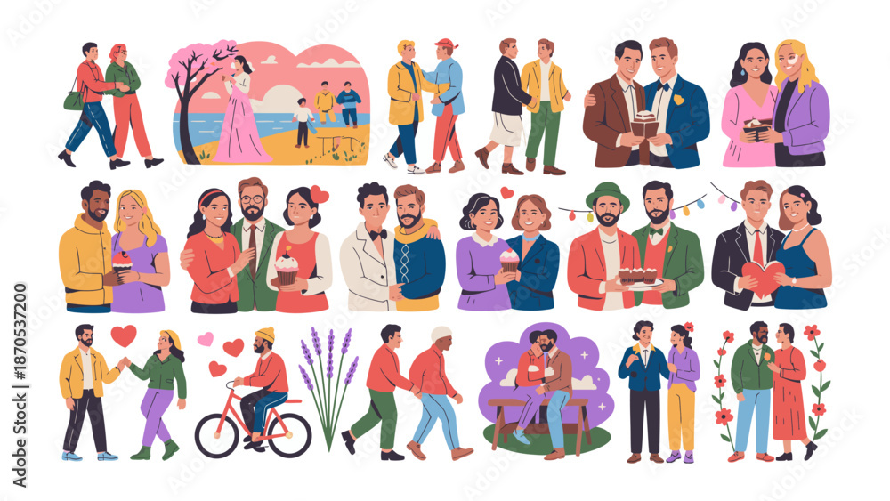 Fototapeta premium Joyful Love and Togetherness: A vibrant collection of illustrations capturing diverse couples sharing moments of intimacy, joy, and celebration, symbolizing love and togetherness.