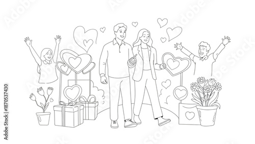 Love's Embrace: A tender couple strolls, embraced by hearts and tokens of affection, framed by a joyous community. A portrait of affection and support.