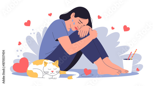 Melancholy's Embrace: An Illustration of sorrow, featuring a tearful woman. A comforting cat lies close in the illustrated scene of melancholy.