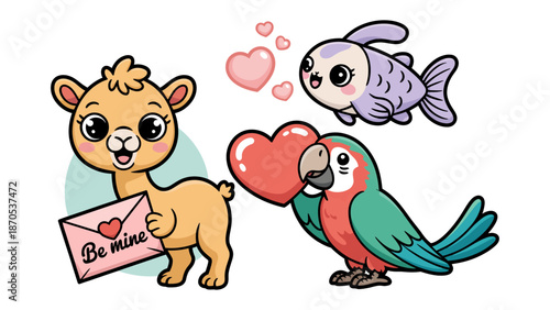 Love's Whimsical Trio: A charming cartoon arrangement features a cute llama holding a Be Mine letter, a loving parrot cradling a heart, and a darling fish alongside floating hearts.