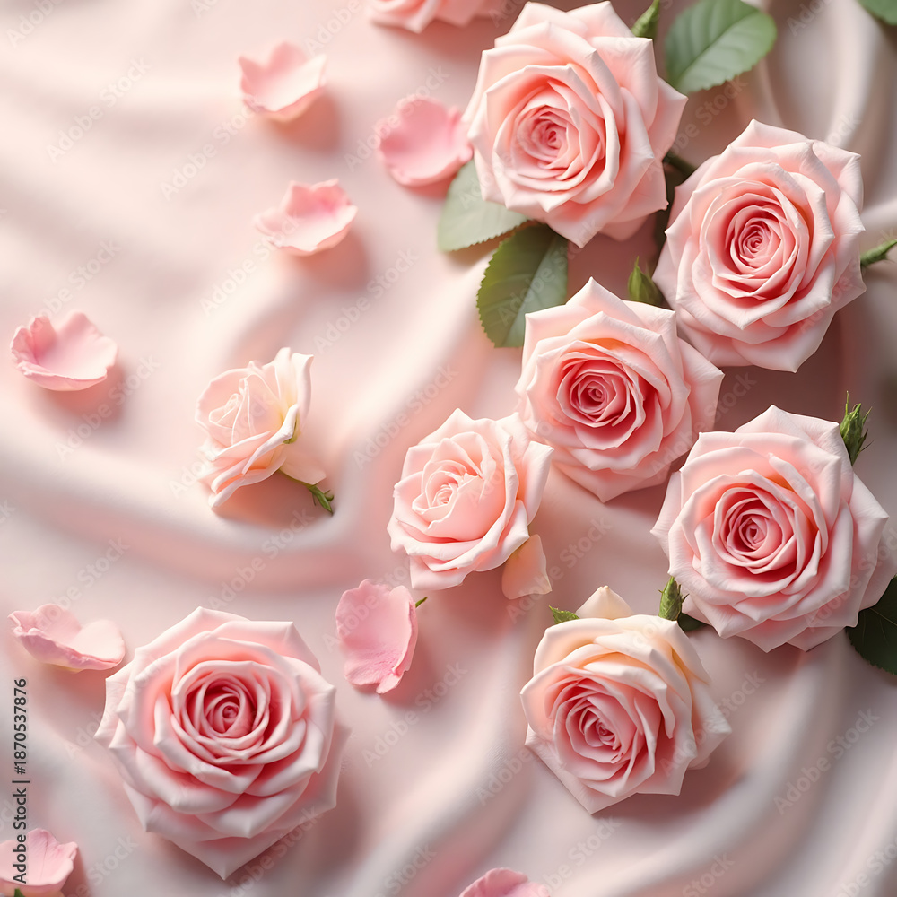 Fototapeta premium Ultra realistic pastel-toned roses scattered artistically on a smooth fabric surface, bright fresh mood, soft diffused lighting, delicate textures